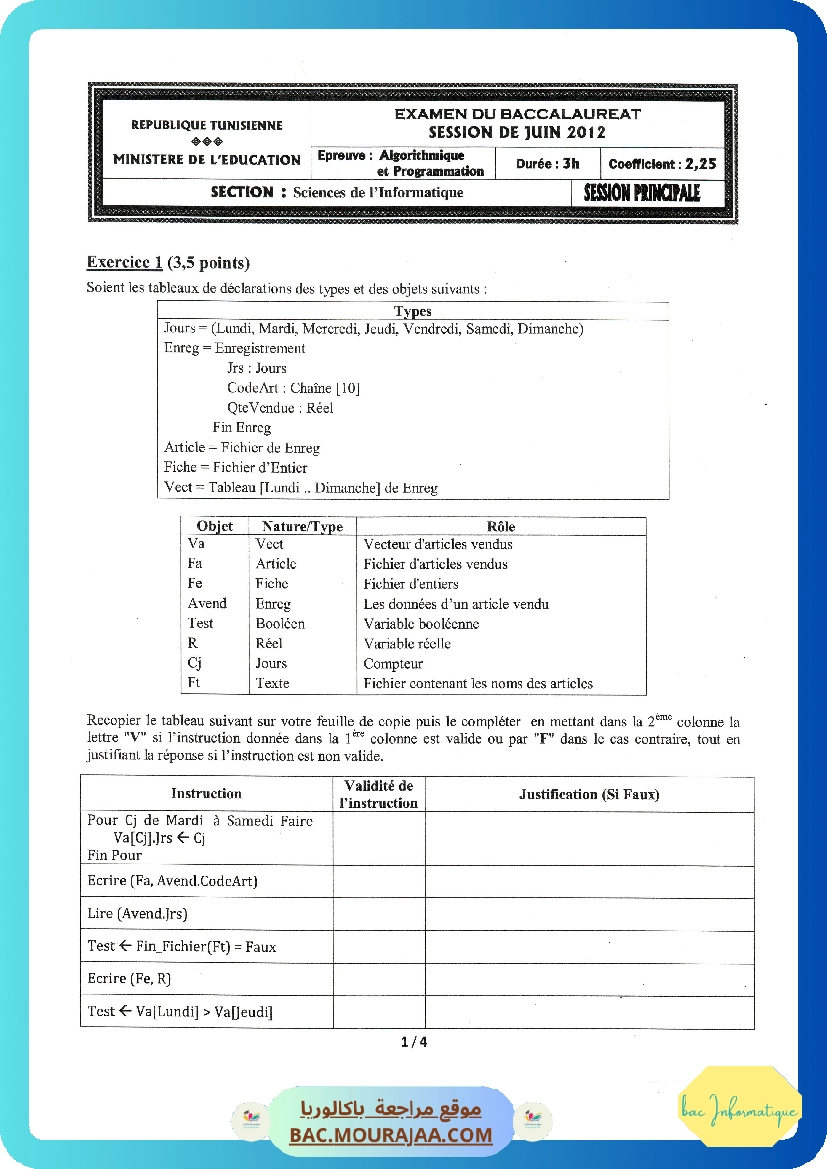 Sujet principale algorithme Bac 2012 – Section info